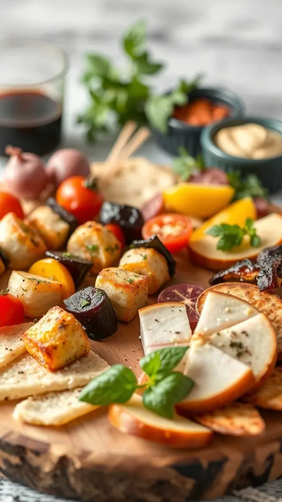 A charcuterie board featuring mini skewers with grilled vegetables and meats, alongside cheese and crackers.