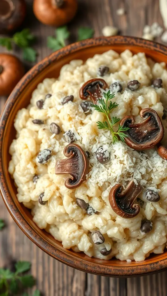 A bowl of creamy mushroom risotto topped with Parmesan cheese and fresh herbs.