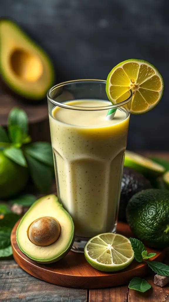 A refreshing avocado lime smoothie in a glass, garnished with a lime slice, surrounded by fresh avocados and limes.