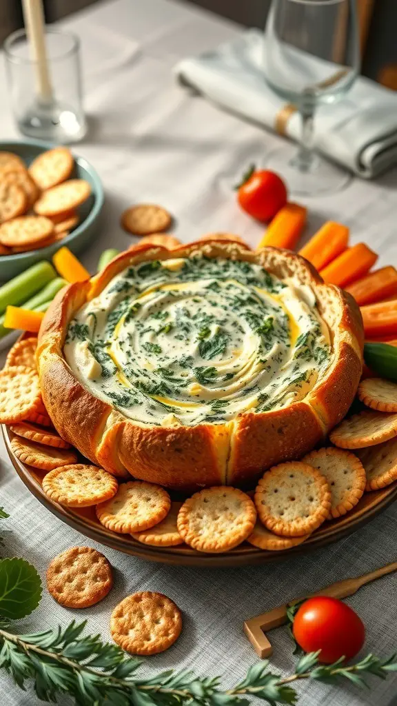 A festive spinach artichoke dip served in a bread bowl with crackers and vegetables