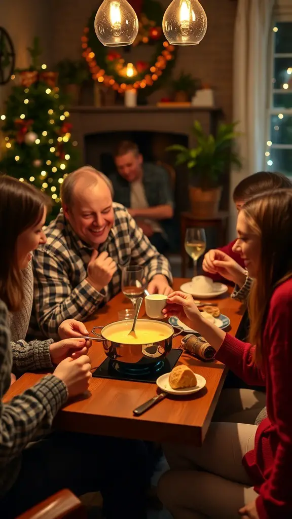 A group of friends enjoying a fondue party with cheese fondue and festive decorations.