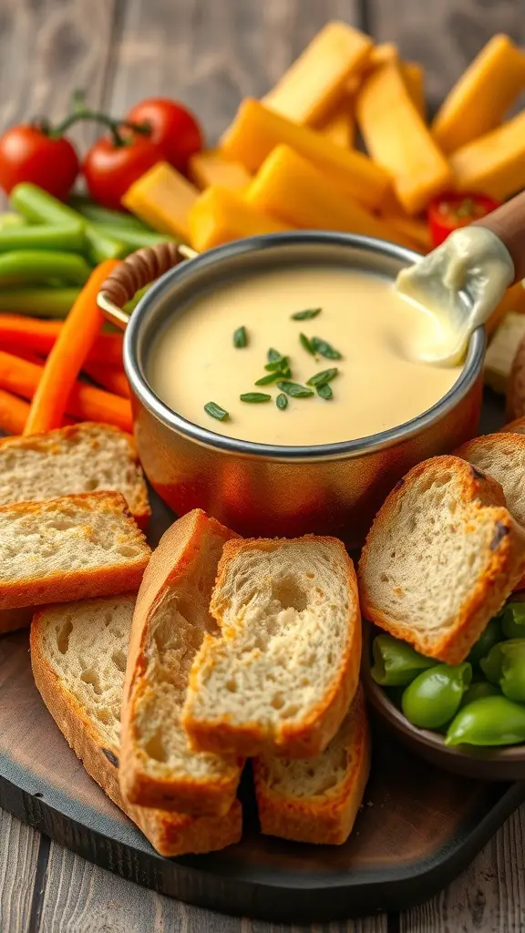 A delicious vegetarian fondue setup with melted cheese, fresh vegetables, and bread.