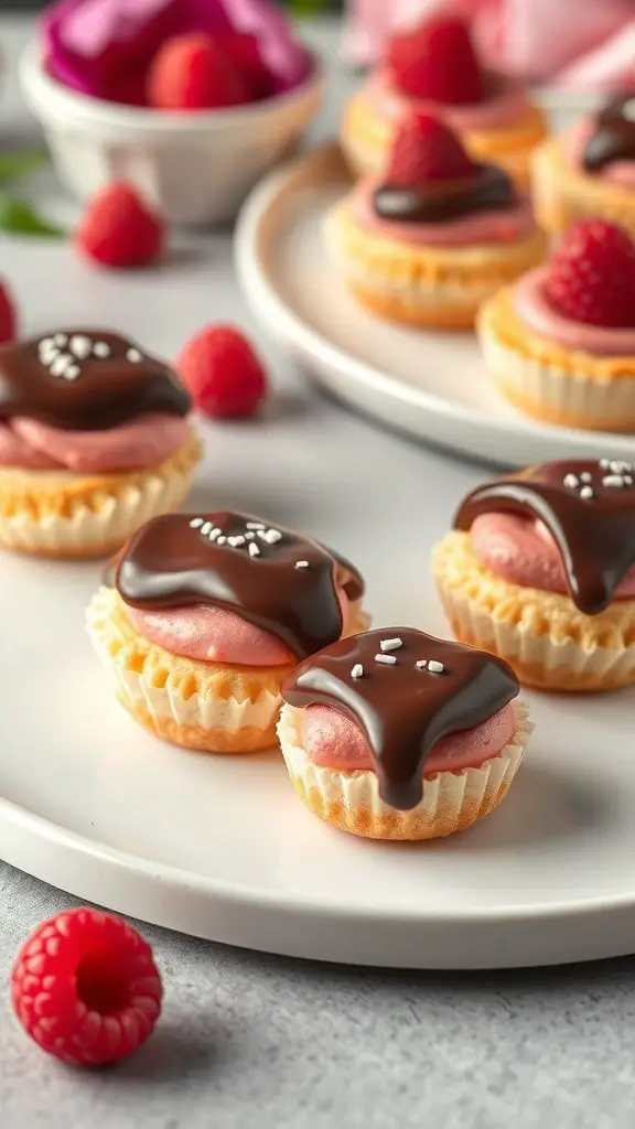 Mini raspberry chocolate eclair cups topped with chocolate glaze and raspberries