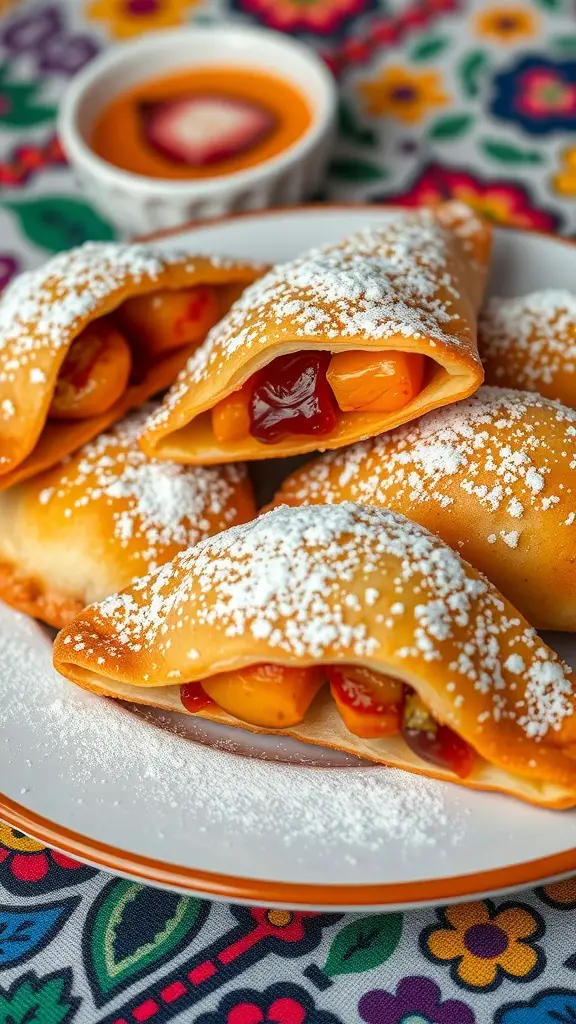 A plate of empanadas de fruta, golden-brown pastries filled with colorful fruit, dusted with powdered sugar, accompanied by a small bowl of sauce.