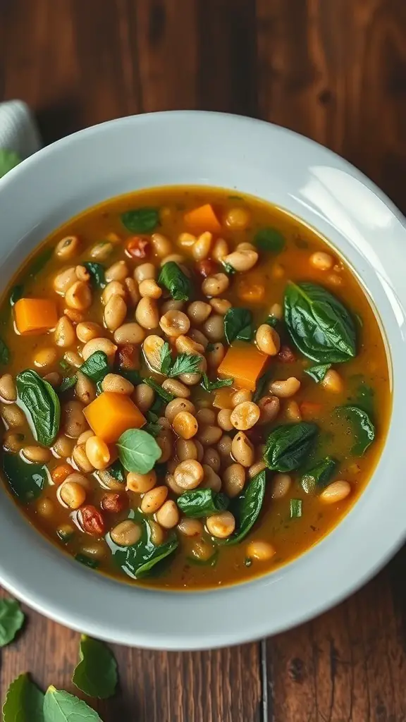 A bowl of lentil and spinach stew with colorful vegetables