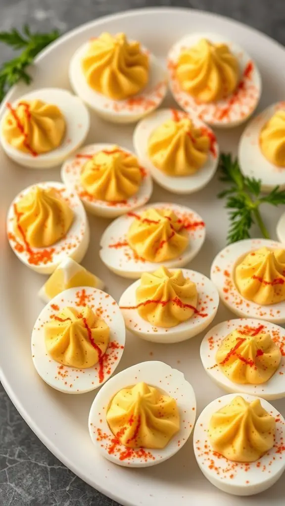 A platter of classic deviled eggs topped with paprika.
