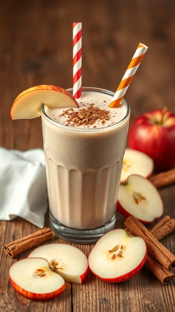 A creamy cinnamon apple pie smoothie in a glass with apple slices and cinnamon sticks