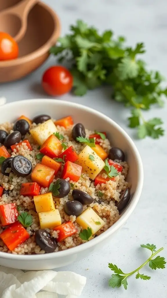 A bowl of roasted vegetable quinoa with colorful ingredients like red bell peppers, yellow squash, and black beans, garnished with cilantro.