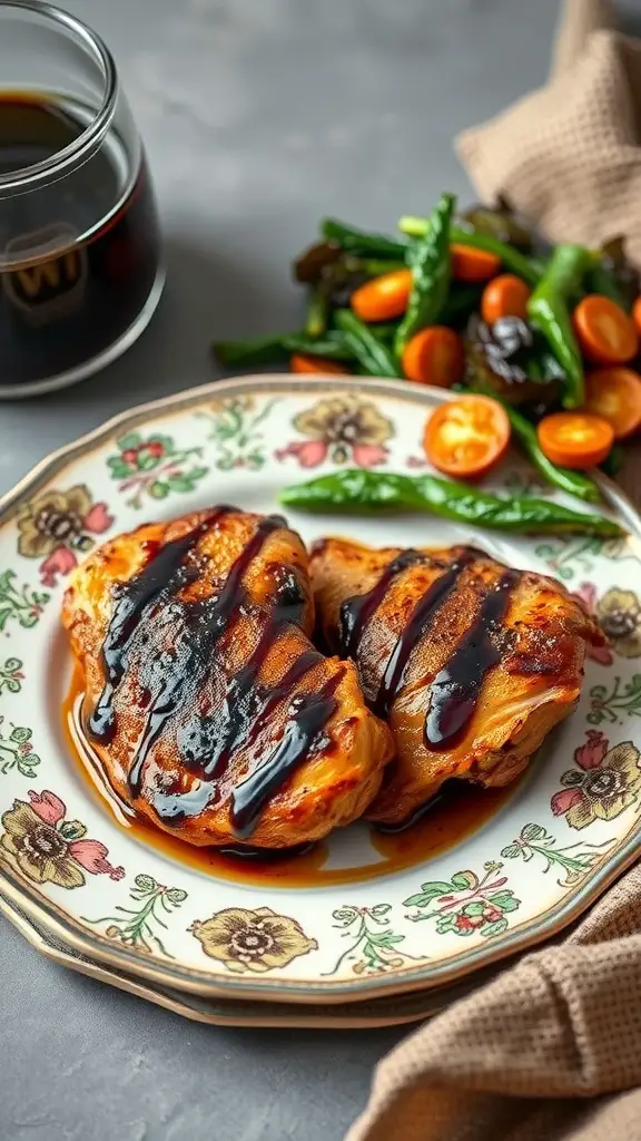Balsamic glazed chicken thighs served with vegetables and a glass of dark beverage.