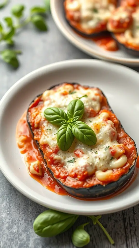 A plate of eggplant parmesan with light cheese, garnished with fresh basil.