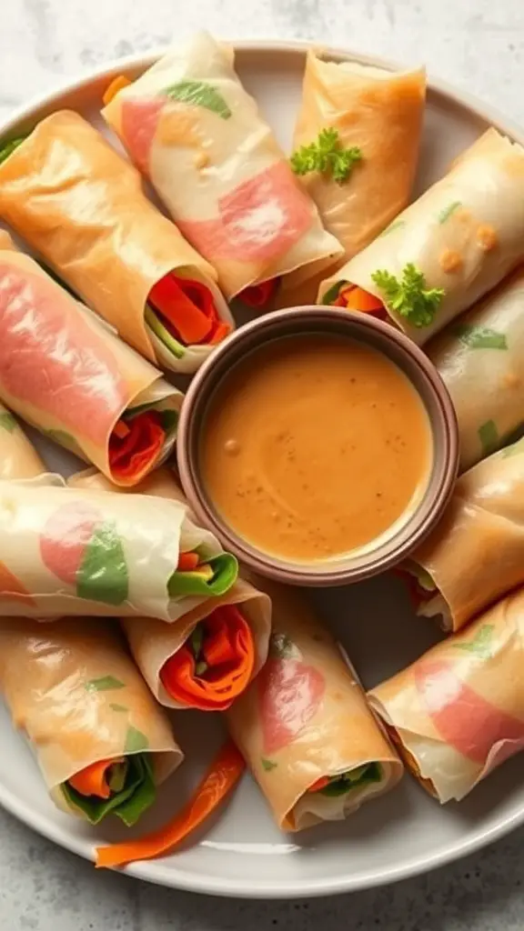 A plate of vegetable spring rolls with a bowl of peanut sauce