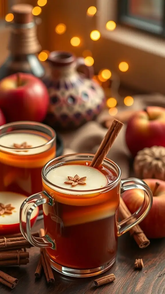 Warm mugs of spiced apple cider sangria with cinnamon sticks and star anise, surrounded by apples and twinkling lights.
