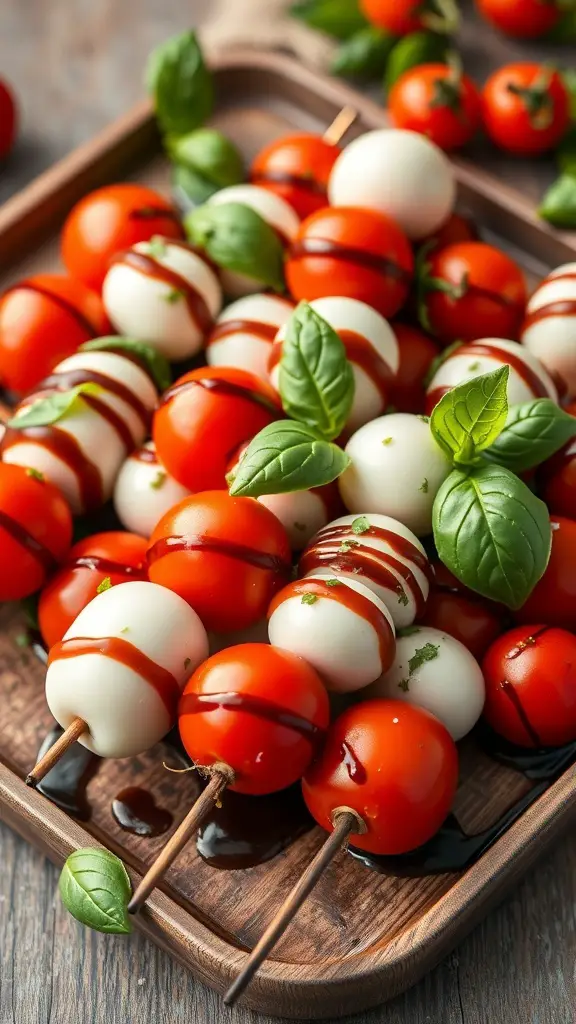A platter of Caprese skewers with cherry tomatoes, mozzarella balls, and basil drizzled with balsamic glaze.