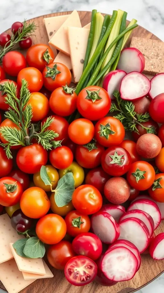 A colorful assortment of cherry tomatoes, radishes, green onions, and herbs on a charcuterie board.