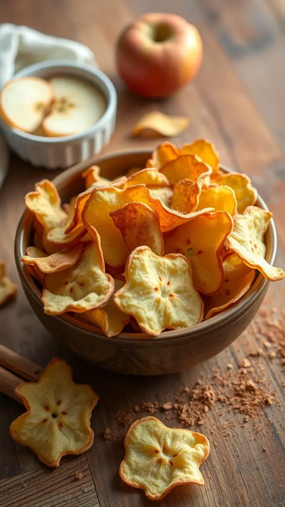 A bowl of crispy apple chips with a fresh apple in the background.