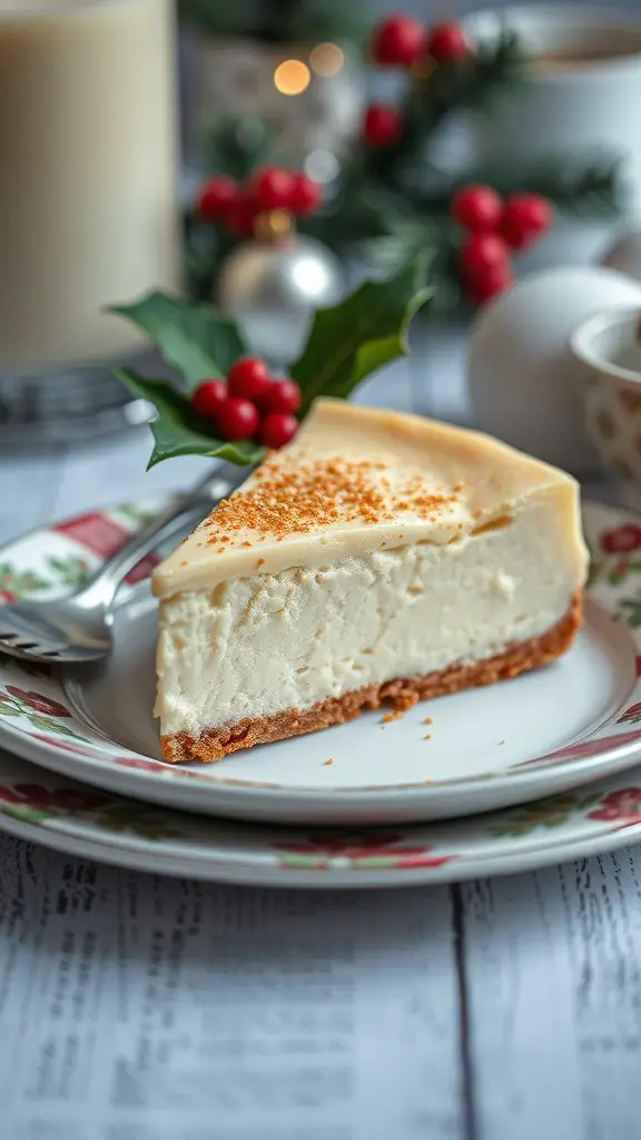 Slice of eggnog cheesecake with nutmeg dusting on a festive plate