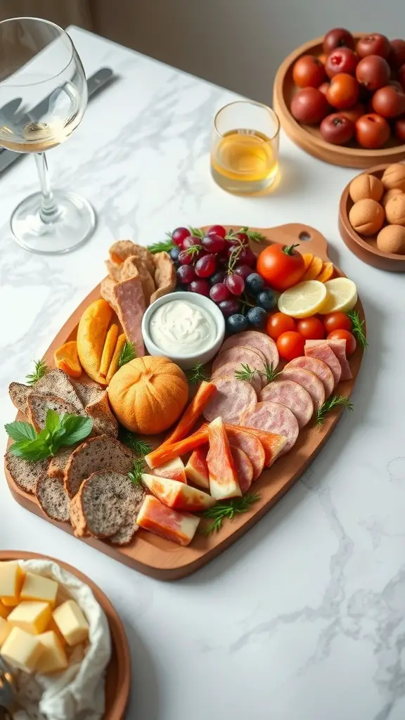 A beautifully arranged charcuterie board featuring meats, cheeses, fruits, and crackers on a wooden platter.