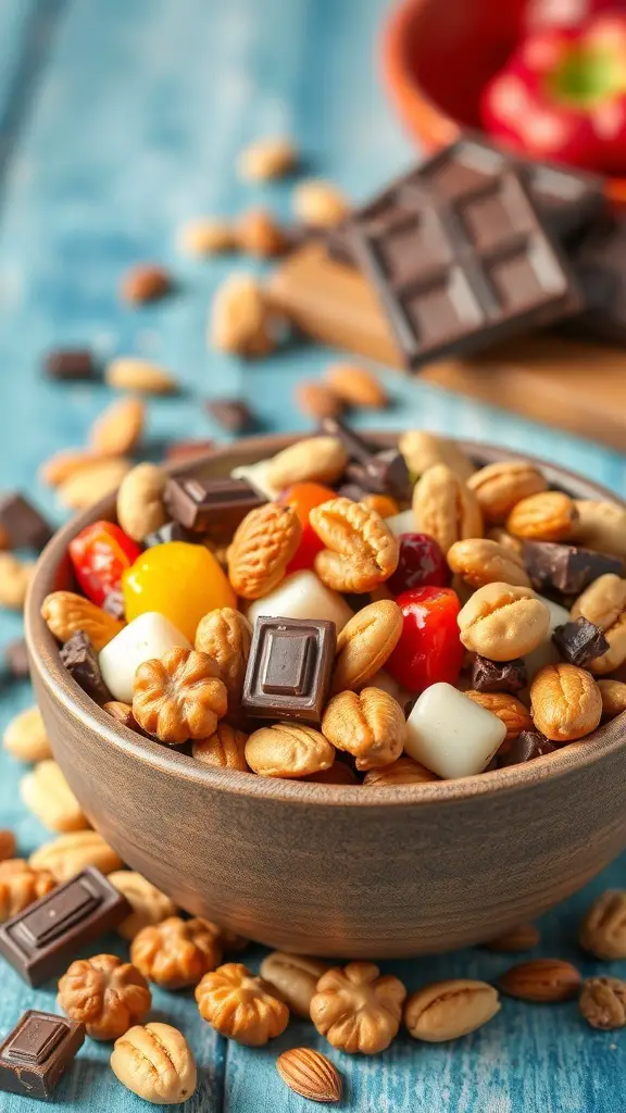 A bowl of trail mix with dark chocolate, nuts, and colorful candies