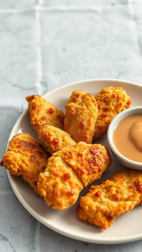 A plate of crispy oven-baked chicken fingers with a small bowl of dipping sauce.