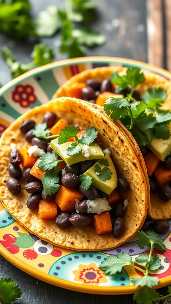 Sweet potato and black bean tacos on a colorful plate, garnished with cilantro and avocado.