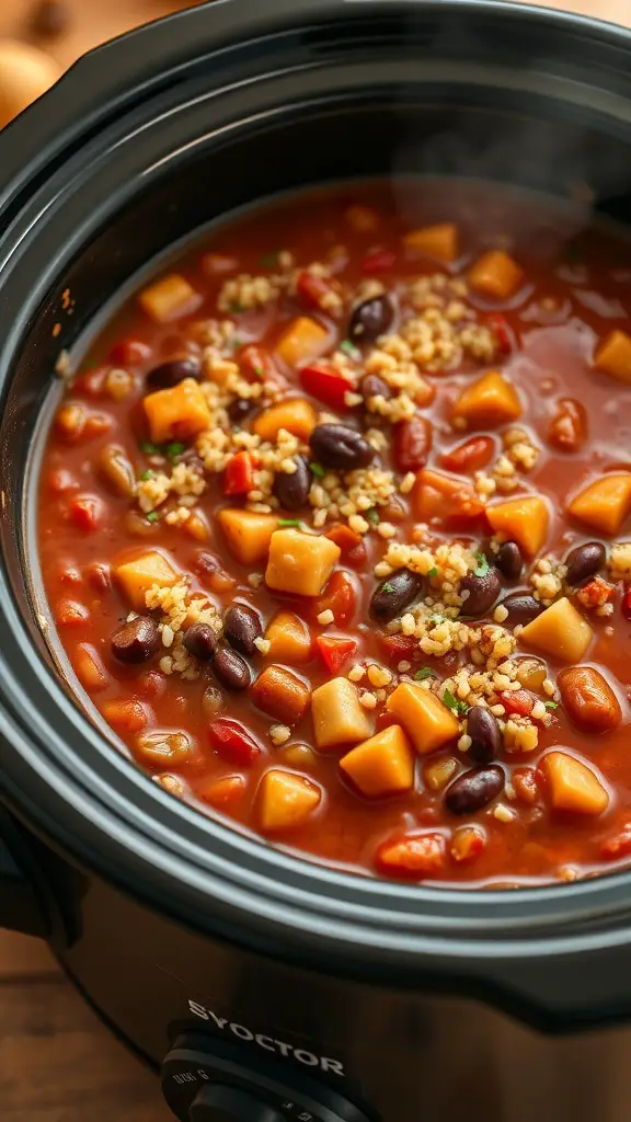A slow cooker filled with vegetarian chili, featuring beans, quinoa, and colorful vegetables.