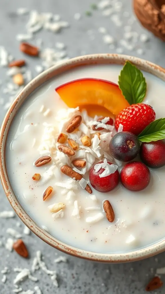 A bowl of coconut milk porridge topped with berries and a slice of peach.