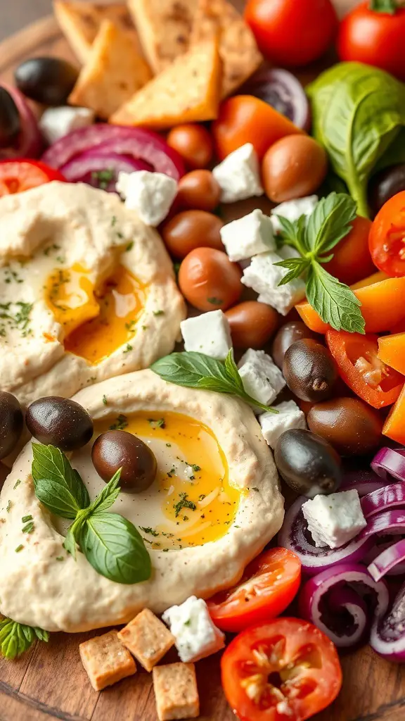 A colorful Mediterranean Mezze Salad Platter featuring hummus, olives, cherry tomatoes, feta cheese, and pita chips.