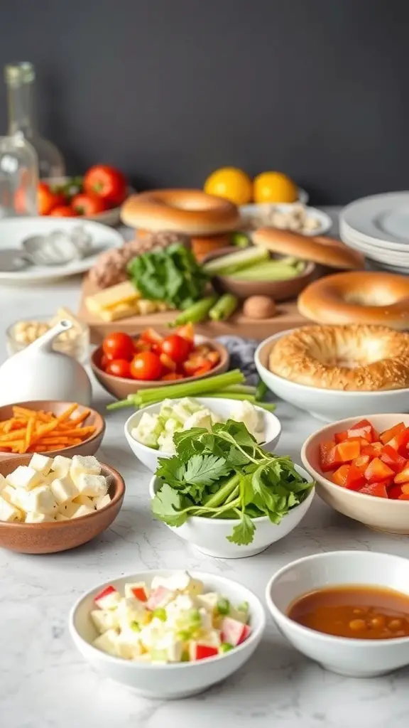 A variety of fresh ingredients for making DIY bagel sandwiches, including bagels, vegetables, and toppings.