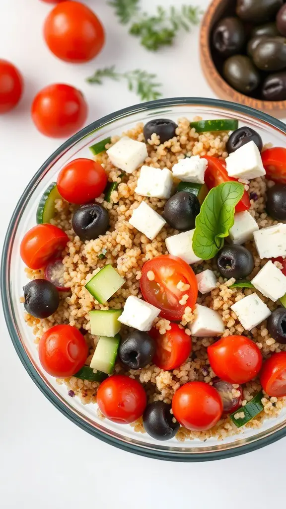 A bowl of Mediterranean Quinoa Salad with cherry tomatoes, cucumbers, olives, and feta cheese.