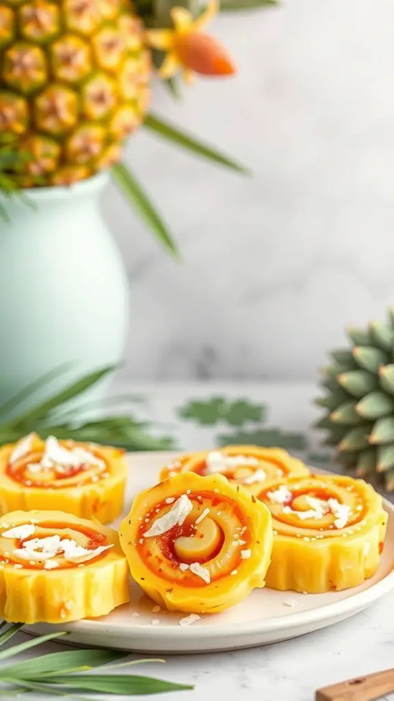 A plate of sweet and spicy pineapple pinwheels with a whole pineapple in the background