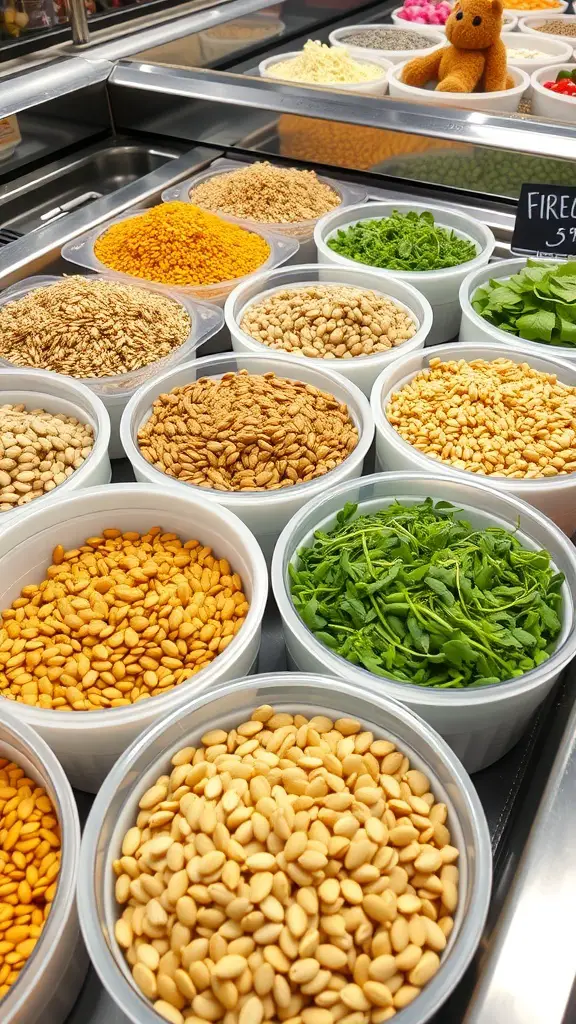 A variety of seeds and sprouts displayed in bowls at a salad bar.