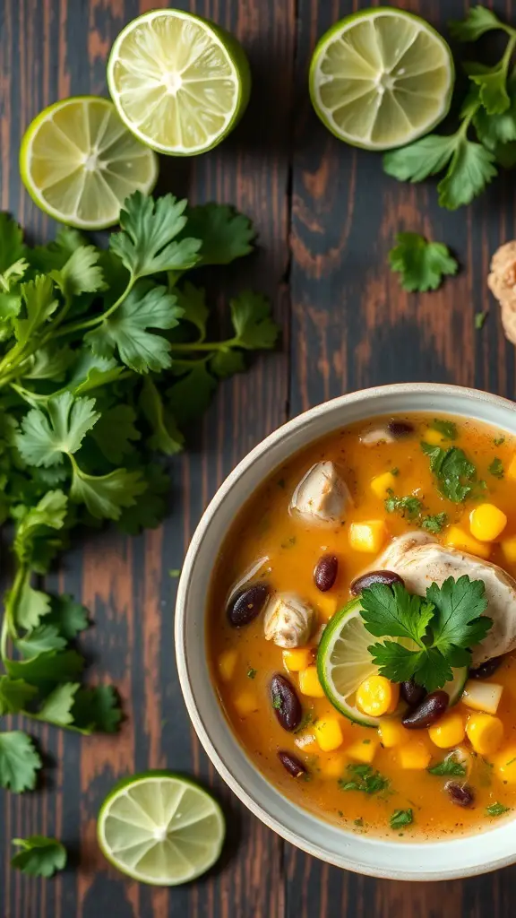 A bowl of cilantro lime chicken soup with lime slices and fresh cilantro on a wooden table.