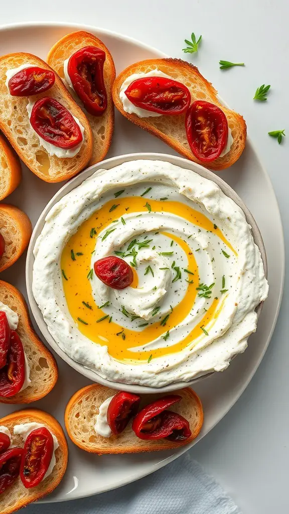 A bowl of herbed goat cheese dip surrounded by toasted bread slices topped with sun-dried tomatoes.