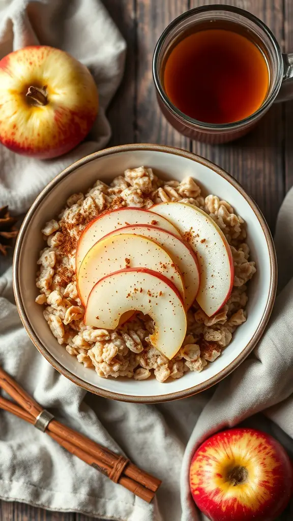 A bowl of apple cinnamon oatmeal topped with apple slices, surrounded by apples and a cup of tea.