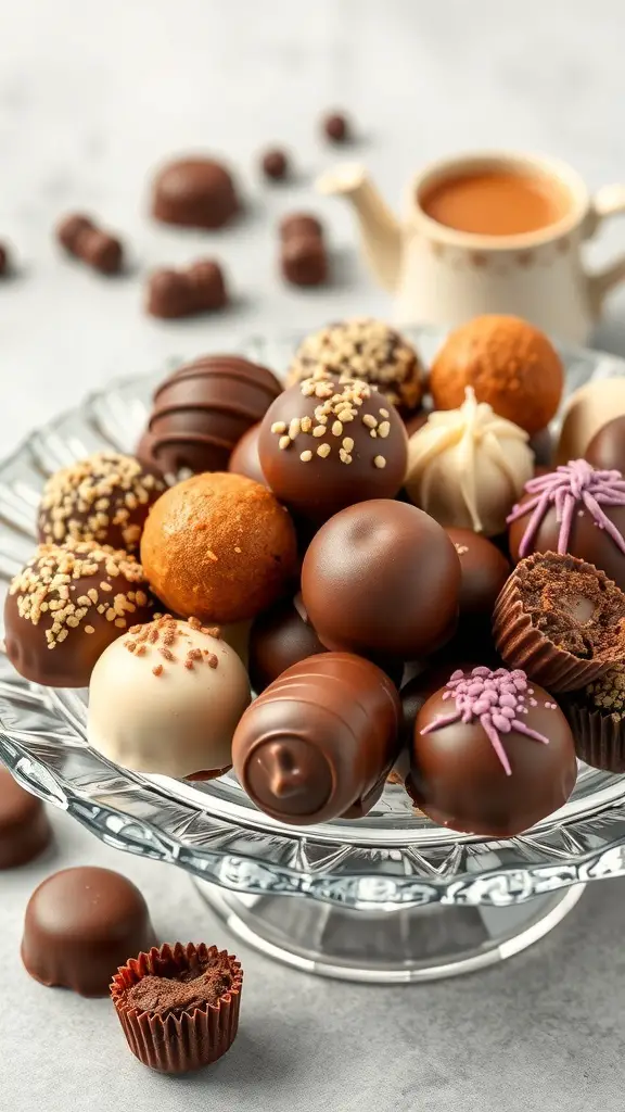 An assortment of gourmet chocolate truffles on a glass plate, with a teapot in the background.