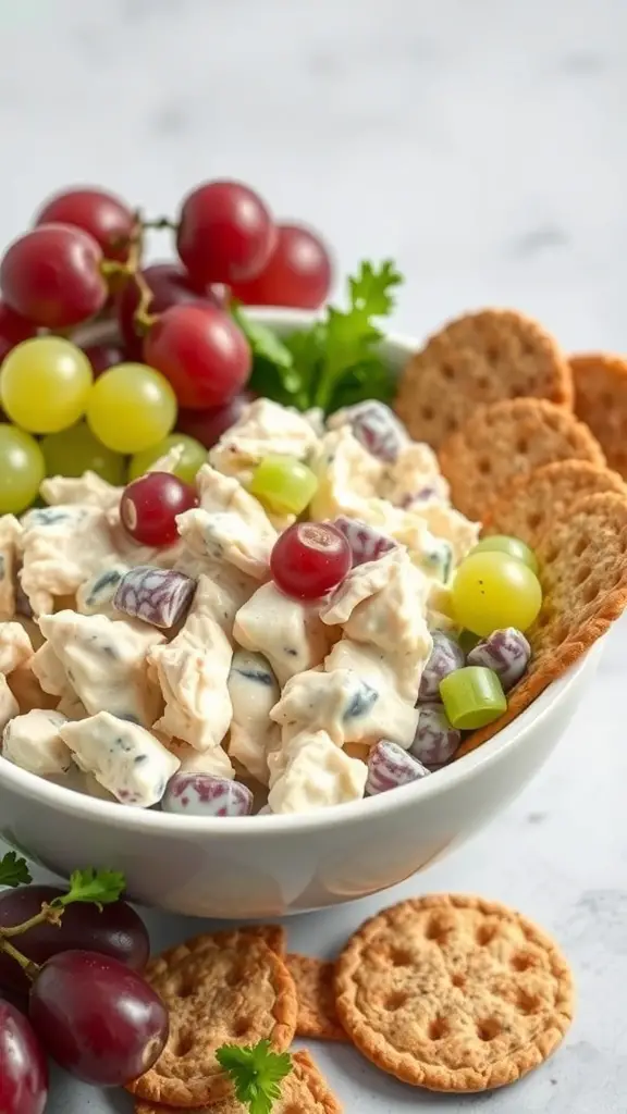 A bowl of Greek Yogurt Chicken Salad with grapes and crackers on the side.