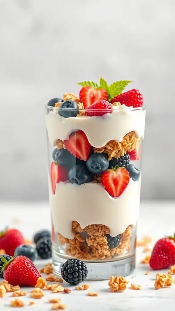A glass of Greek yogurt parfait layered with granola and fresh berries.
