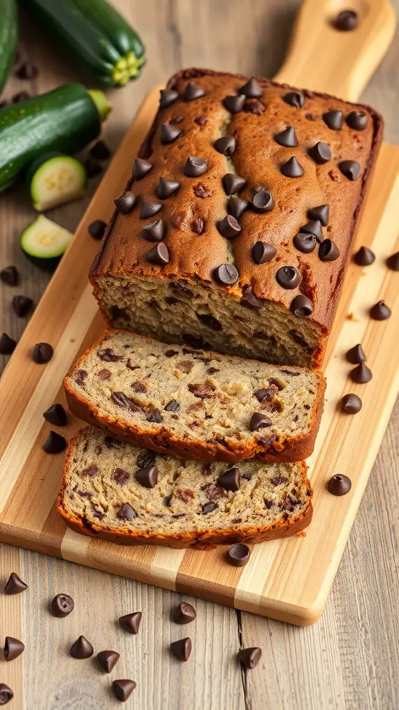 A loaf of chocolate chip zucchini bread sliced on a wooden board, surrounded by chocolate chips and zucchini.