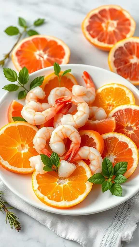 A plate of shrimp arranged on orange slices with fresh herbs.