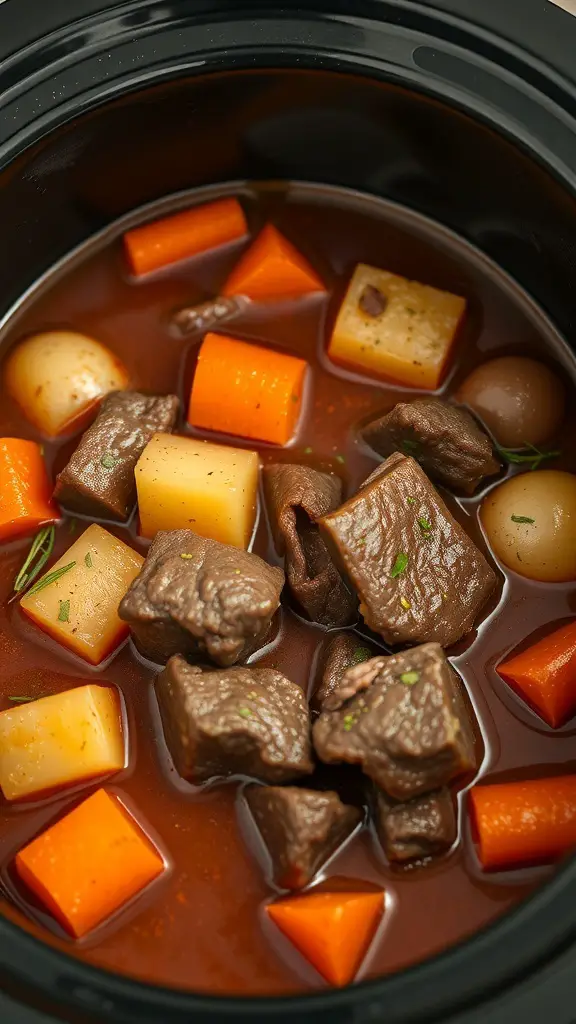 A bowl of savory beef stew with root vegetables, featuring chunks of beef, carrots, and potatoes in a rich broth.