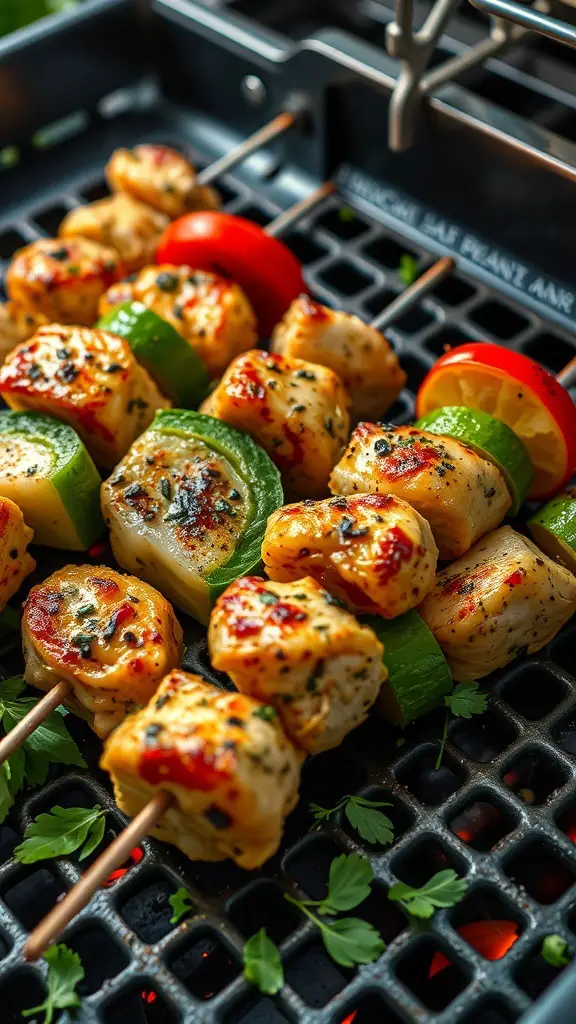 Grilled herbed chicken and veggie skewers on a grill
