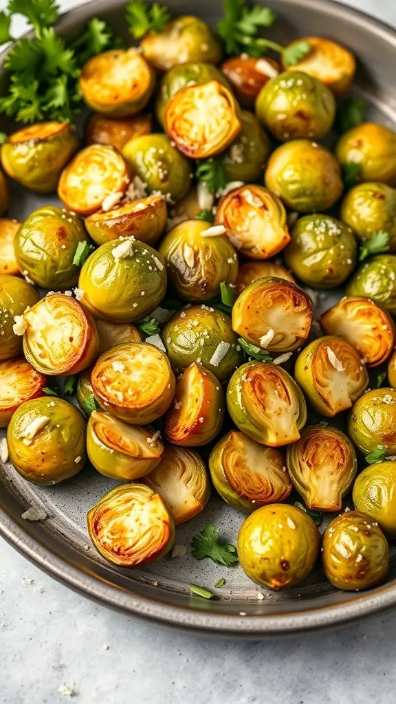 A plate of garlic Parmesan roasted Brussels sprouts garnished with herbs.