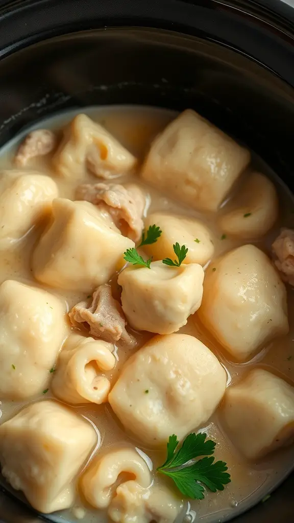 A bowl of chicken and dumplings with soft dumplings and tender chicken in a creamy broth.