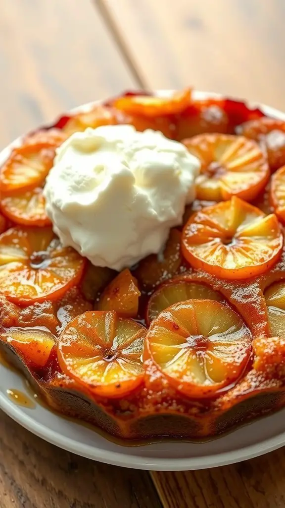 A delicious Apple Cinnamon Upside-Down Cake topped with caramelized apples and whipped cream.