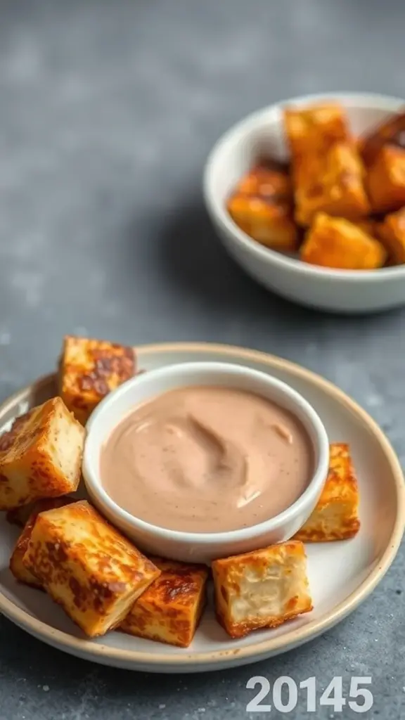 Baked tofu bites served with a dipping sauce