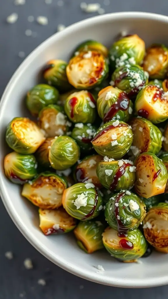 A bowl of crispy air fryer Brussels sprouts topped with cheese and sauce.