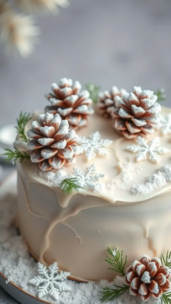 A winter wonderland cake with frosted pinecone accents, snowflakes, and greenery.
