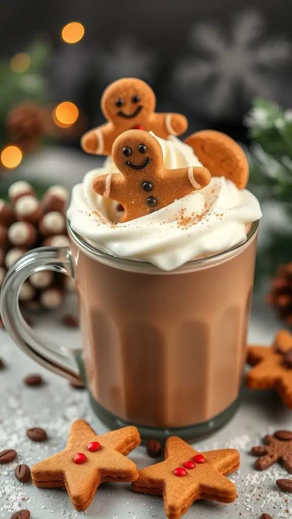 A cozy mug of gingerbread hot chocolate topped with whipped cream and gingerbread cookies, surrounded by festive decorations.