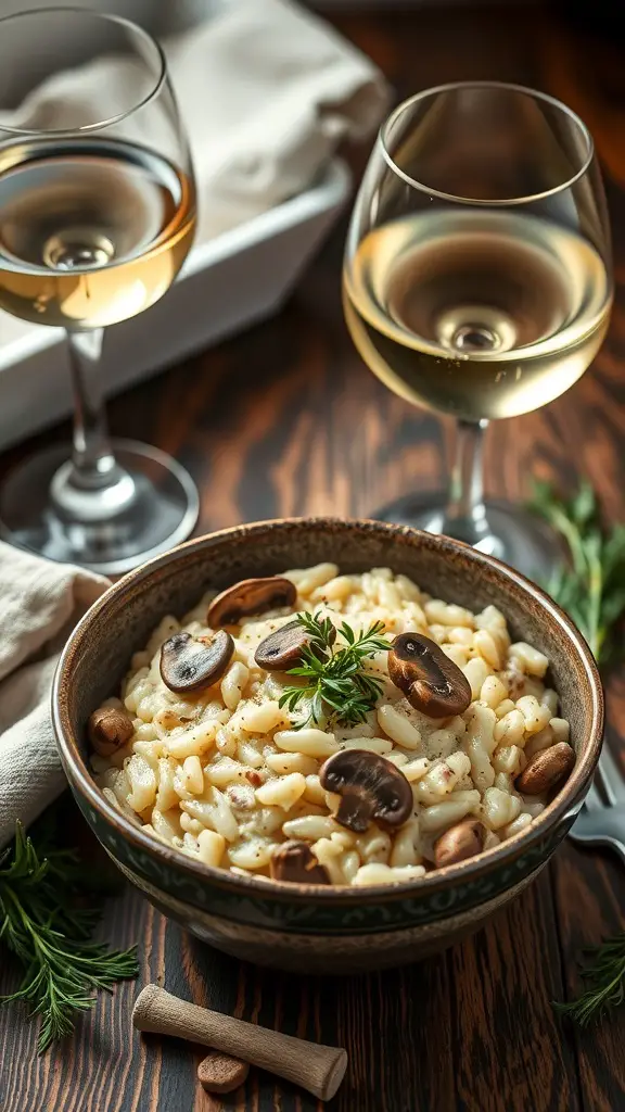 A bowl of creamy mushroom risotto with sautéed mushrooms on top, surrounded by glasses of white wine.