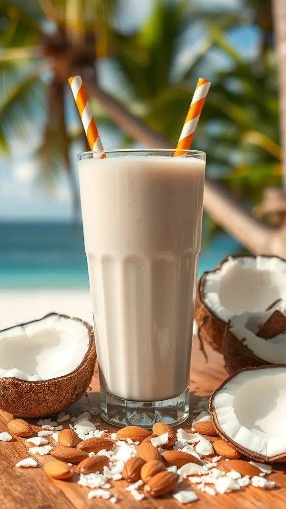 A refreshing Coconut Almond Dream smoothie in a glass with coconut halves and almonds around it.